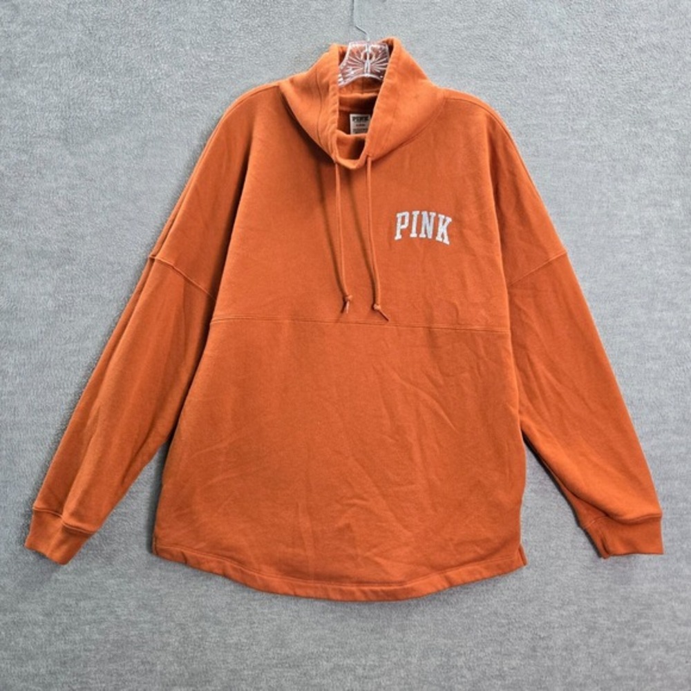 Pink Victorias Secret Women Sweatshirt M Orange Logo Long‎ Sleeve Cowl Neck